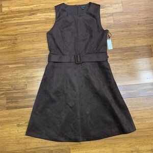 Ann Taylor Petite Brown Faux Suede A-Line Dress Womens 14P Sleeveless Belted‎